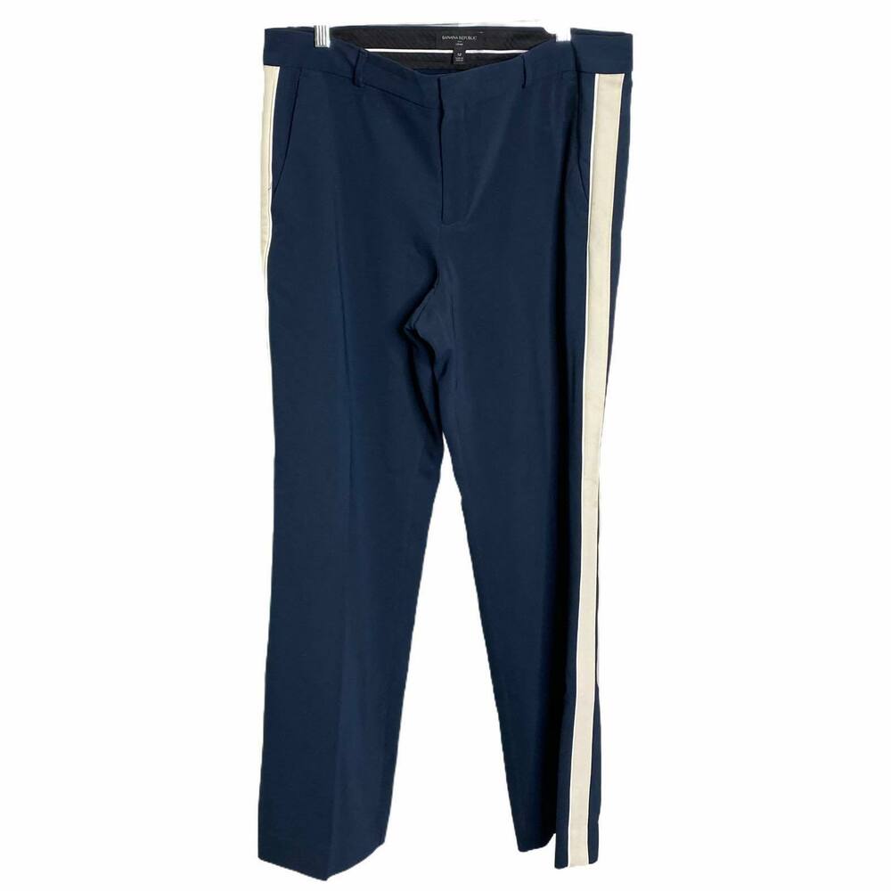 Banana Republic Women Dress Pants Navy White Stripe Trim High Rise Flat Front 12